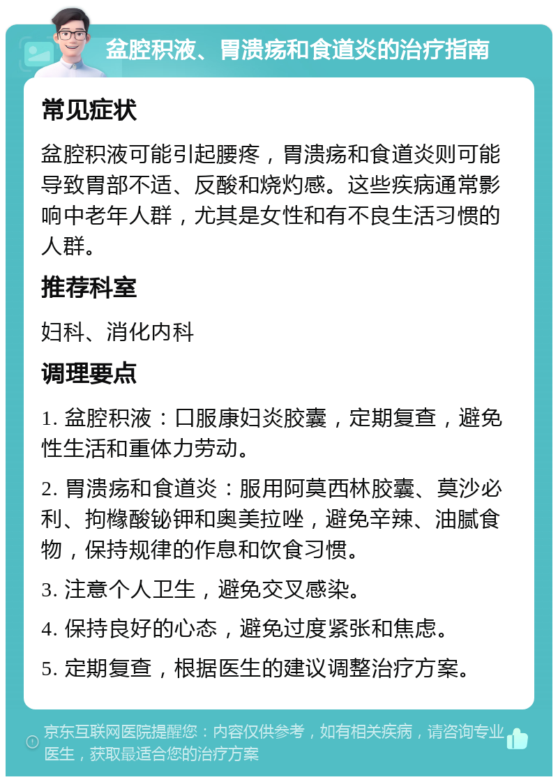 盆腔积液、胃溃疡和食道炎的治疗指南 常见症状 盆腔积液可能引起腰疼，胃溃疡和食道炎则可能导致胃部不适、反酸和烧灼感。这些疾病通常影响中老年人群，尤其是女性和有不良生活习惯的人群。 推荐科室 妇科、消化内科 调理要点 1. 盆腔积液：口服康妇炎胶囊，定期复查，避免性生活和重体力劳动。 2. 胃溃疡和食道炎：服用阿莫西林胶囊、莫沙必利、拘橼酸铋钾和奥美拉唑，避免辛辣、油腻食物，保持规律的作息和饮食习惯。 3. 注意个人卫生，避免交叉感染。 4. 保持良好的心态，避免过度紧张和焦虑。 5. 定期复查，根据医生的建议调整治疗方案。