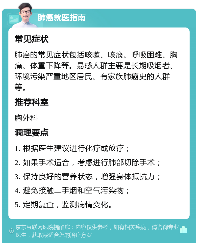 肺癌就医指南 常见症状 肺癌的常见症状包括咳嗽、咳痰、呼吸困难、胸痛、体重下降等。易感人群主要是长期吸烟者、环境污染严重地区居民、有家族肺癌史的人群等。 推荐科室 胸外科 调理要点 1. 根据医生建议进行化疗或放疗； 2. 如果手术适合，考虑进行肺部切除手术； 3. 保持良好的营养状态，增强身体抵抗力； 4. 避免接触二手烟和空气污染物； 5. 定期复查，监测病情变化。