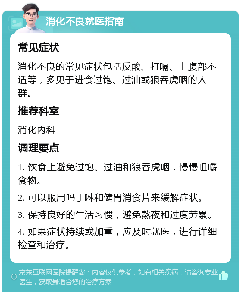 消化不良就医指南 常见症状 消化不良的常见症状包括反酸、打嗝、上腹部不适等，多见于进食过饱、过油或狼吞虎咽的人群。 推荐科室 消化内科 调理要点 1. 饮食上避免过饱、过油和狼吞虎咽，慢慢咀嚼食物。 2. 可以服用吗丁啉和健胃消食片来缓解症状。 3. 保持良好的生活习惯，避免熬夜和过度劳累。 4. 如果症状持续或加重，应及时就医，进行详细检查和治疗。