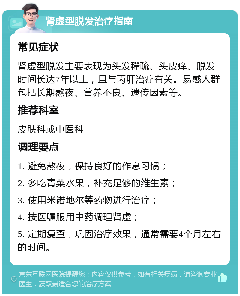 肾虚型脱发治疗指南 常见症状 肾虚型脱发主要表现为头发稀疏、头皮痒、脱发时间长达7年以上，且与丙肝治疗有关。易感人群包括长期熬夜、营养不良、遗传因素等。 推荐科室 皮肤科或中医科 调理要点 1. 避免熬夜，保持良好的作息习惯； 2. 多吃青菜水果，补充足够的维生素； 3. 使用米诺地尔等药物进行治疗； 4. 按医嘱服用中药调理肾虚； 5. 定期复查，巩固治疗效果，通常需要4个月左右的时间。