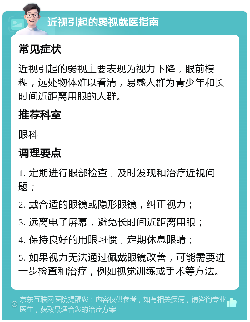 近视引起的弱视就医指南 常见症状 近视引起的弱视主要表现为视力下降，眼前模糊，远处物体难以看清，易感人群为青少年和长时间近距离用眼的人群。 推荐科室 眼科 调理要点 1. 定期进行眼部检查，及时发现和治疗近视问题； 2. 戴合适的眼镜或隐形眼镜，纠正视力； 3. 远离电子屏幕，避免长时间近距离用眼； 4. 保持良好的用眼习惯，定期休息眼睛； 5. 如果视力无法通过佩戴眼镜改善，可能需要进一步检查和治疗，例如视觉训练或手术等方法。