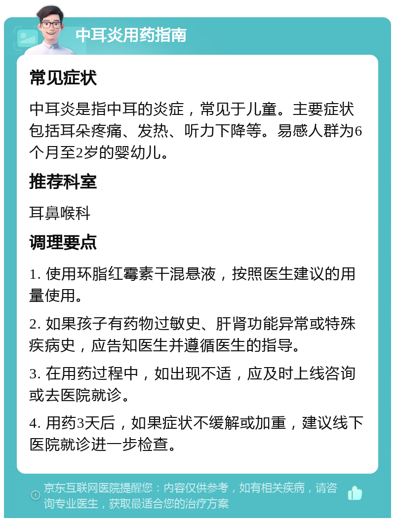 中耳炎用药指南 常见症状 中耳炎是指中耳的炎症，常见于儿童。主要症状包括耳朵疼痛、发热、听力下降等。易感人群为6个月至2岁的婴幼儿。 推荐科室 耳鼻喉科 调理要点 1. 使用环脂红霉素干混悬液，按照医生建议的用量使用。 2. 如果孩子有药物过敏史、肝肾功能异常或特殊疾病史，应告知医生并遵循医生的指导。 3. 在用药过程中，如出现不适，应及时上线咨询或去医院就诊。 4. 用药3天后，如果症状不缓解或加重，建议线下医院就诊进一步检查。