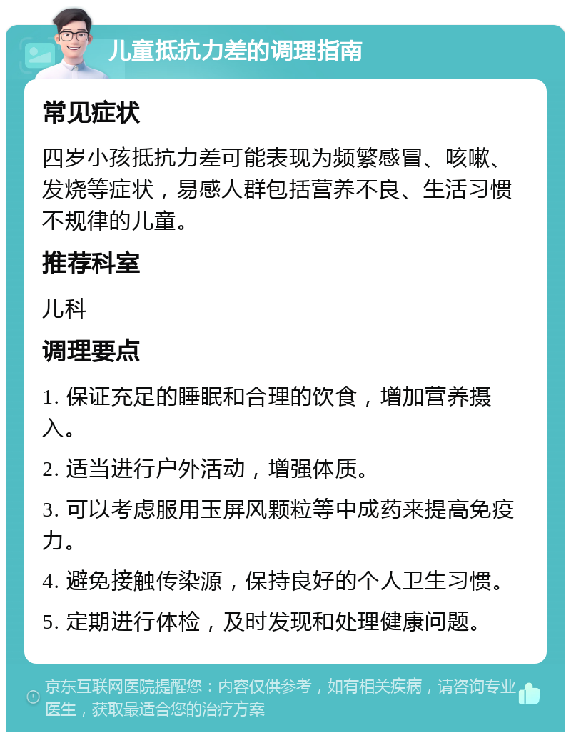 儿童抵抗力差的调理指南 常见症状 四岁小孩抵抗力差可能表现为频繁感冒、咳嗽、发烧等症状，易感人群包括营养不良、生活习惯不规律的儿童。 推荐科室 儿科 调理要点 1. 保证充足的睡眠和合理的饮食，增加营养摄入。 2. 适当进行户外活动，增强体质。 3. 可以考虑服用玉屏风颗粒等中成药来提高免疫力。 4. 避免接触传染源，保持良好的个人卫生习惯。 5. 定期进行体检，及时发现和处理健康问题。