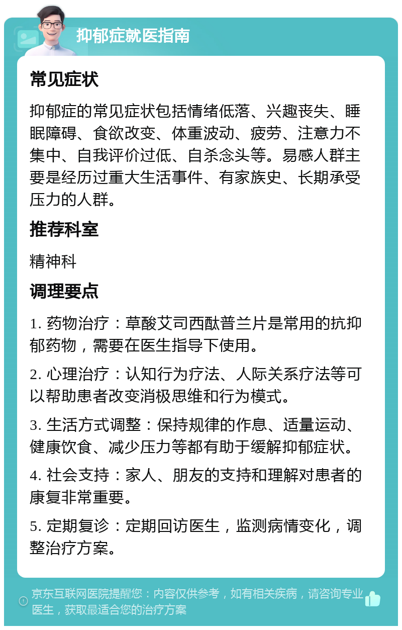 抑郁症就医指南 常见症状 抑郁症的常见症状包括情绪低落、兴趣丧失、睡眠障碍、食欲改变、体重波动、疲劳、注意力不集中、自我评价过低、自杀念头等。易感人群主要是经历过重大生活事件、有家族史、长期承受压力的人群。 推荐科室 精神科 调理要点 1. 药物治疗：草酸艾司西酞普兰片是常用的抗抑郁药物，需要在医生指导下使用。 2. 心理治疗：认知行为疗法、人际关系疗法等可以帮助患者改变消极思维和行为模式。 3. 生活方式调整：保持规律的作息、适量运动、健康饮食、减少压力等都有助于缓解抑郁症状。 4. 社会支持：家人、朋友的支持和理解对患者的康复非常重要。 5. 定期复诊：定期回访医生，监测病情变化，调整治疗方案。