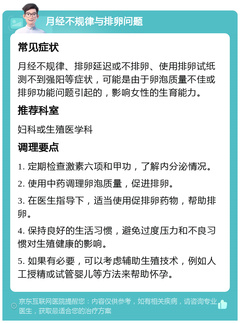 月经不规律与排卵问题 常见症状 月经不规律、排卵延迟或不排卵、使用排卵试纸测不到强阳等症状，可能是由于卵泡质量不佳或排卵功能问题引起的，影响女性的生育能力。 推荐科室 妇科或生殖医学科 调理要点 1. 定期检查激素六项和甲功，了解内分泌情况。 2. 使用中药调理卵泡质量，促进排卵。 3. 在医生指导下，适当使用促排卵药物，帮助排卵。 4. 保持良好的生活习惯，避免过度压力和不良习惯对生殖健康的影响。 5. 如果有必要，可以考虑辅助生殖技术，例如人工授精或试管婴儿等方法来帮助怀孕。