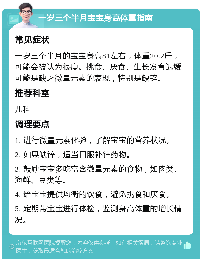 一岁三个半月宝宝身高体重指南 常见症状 一岁三个半月的宝宝身高81左右，体重20.2斤，可能会被认为很瘦。挑食、厌食、生长发育迟缓可能是缺乏微量元素的表现，特别是缺锌。 推荐科室 儿科 调理要点 1. 进行微量元素化验，了解宝宝的营养状况。 2. 如果缺锌，适当口服补锌药物。 3. 鼓励宝宝多吃富含微量元素的食物，如肉类、海鲜、豆类等。 4. 给宝宝提供均衡的饮食，避免挑食和厌食。 5. 定期带宝宝进行体检，监测身高体重的增长情况。