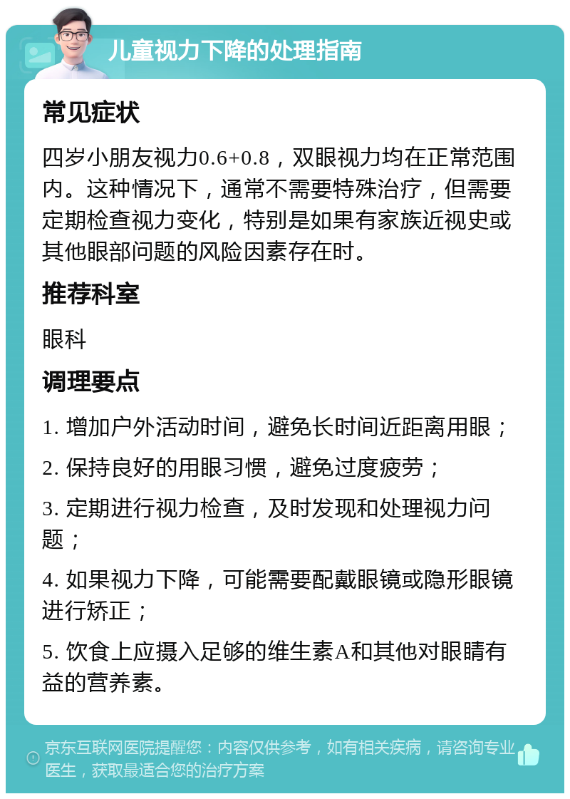 儿童视力下降的处理指南 常见症状 四岁小朋友视力0.6+0.8，双眼视力均在正常范围内。这种情况下，通常不需要特殊治疗，但需要定期检查视力变化，特别是如果有家族近视史或其他眼部问题的风险因素存在时。 推荐科室 眼科 调理要点 1. 增加户外活动时间，避免长时间近距离用眼； 2. 保持良好的用眼习惯，避免过度疲劳； 3. 定期进行视力检查，及时发现和处理视力问题； 4. 如果视力下降，可能需要配戴眼镜或隐形眼镜进行矫正； 5. 饮食上应摄入足够的维生素A和其他对眼睛有益的营养素。