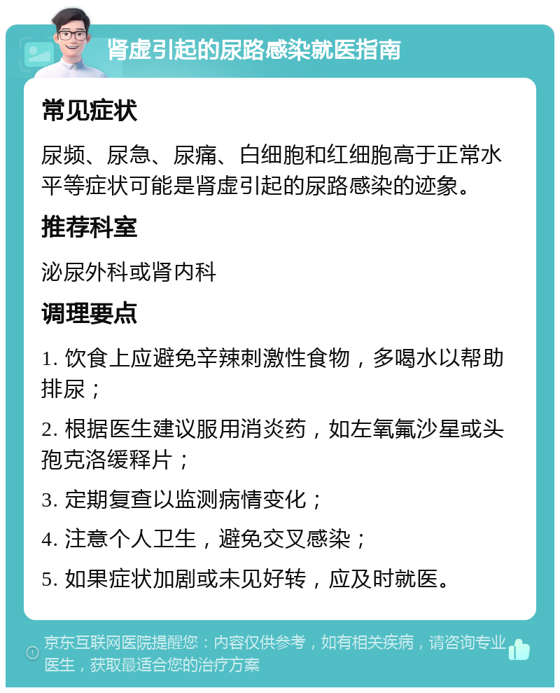 肾虚引起的尿路感染就医指南 常见症状 尿频、尿急、尿痛、白细胞和红细胞高于正常水平等症状可能是肾虚引起的尿路感染的迹象。 推荐科室 泌尿外科或肾内科 调理要点 1. 饮食上应避免辛辣刺激性食物，多喝水以帮助排尿； 2. 根据医生建议服用消炎药，如左氧氟沙星或头孢克洛缓释片； 3. 定期复查以监测病情变化； 4. 注意个人卫生，避免交叉感染； 5. 如果症状加剧或未见好转，应及时就医。