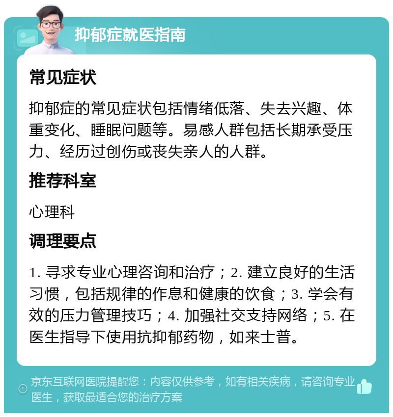 抑郁症就医指南 常见症状 抑郁症的常见症状包括情绪低落、失去兴趣、体重变化、睡眠问题等。易感人群包括长期承受压力、经历过创伤或丧失亲人的人群。 推荐科室 心理科 调理要点 1. 寻求专业心理咨询和治疗；2. 建立良好的生活习惯，包括规律的作息和健康的饮食；3. 学会有效的压力管理技巧；4. 加强社交支持网络；5. 在医生指导下使用抗抑郁药物，如来士普。