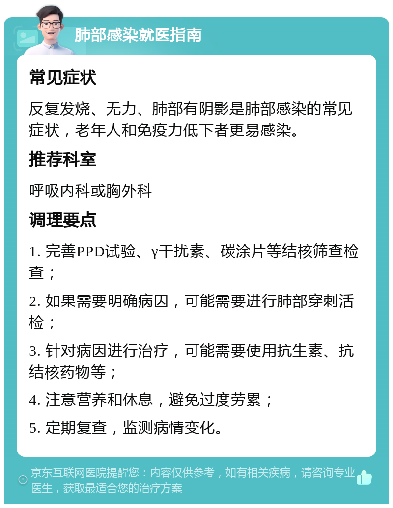 肺部感染就医指南 常见症状 反复发烧、无力、肺部有阴影是肺部感染的常见症状，老年人和免疫力低下者更易感染。 推荐科室 呼吸内科或胸外科 调理要点 1. 完善PPD试验、γ干扰素、碳涂片等结核筛查检查； 2. 如果需要明确病因，可能需要进行肺部穿刺活检； 3. 针对病因进行治疗，可能需要使用抗生素、抗结核药物等； 4. 注意营养和休息，避免过度劳累； 5. 定期复查，监测病情变化。