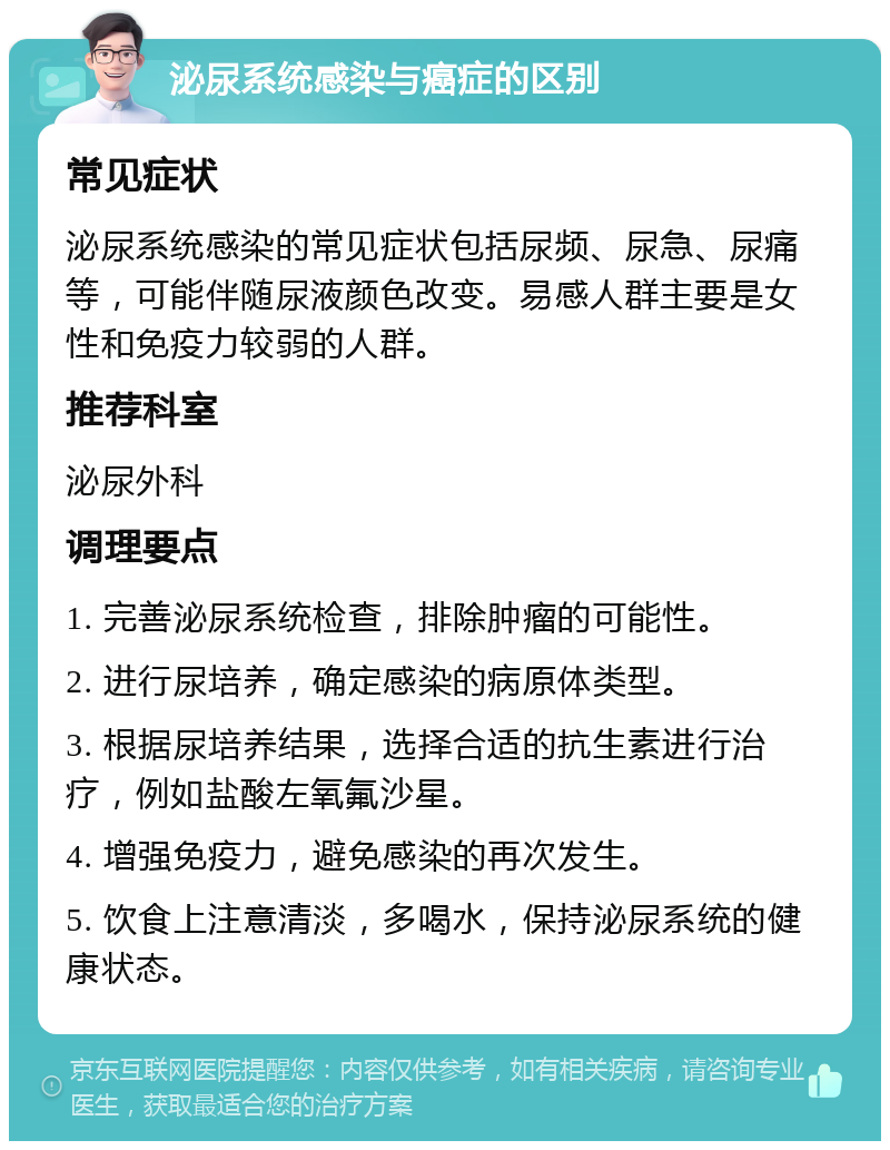 泌尿系统感染与癌症的区别 常见症状 泌尿系统感染的常见症状包括尿频、尿急、尿痛等，可能伴随尿液颜色改变。易感人群主要是女性和免疫力较弱的人群。 推荐科室 泌尿外科 调理要点 1. 完善泌尿系统检查，排除肿瘤的可能性。 2. 进行尿培养，确定感染的病原体类型。 3. 根据尿培养结果，选择合适的抗生素进行治疗，例如盐酸左氧氟沙星。 4. 增强免疫力，避免感染的再次发生。 5. 饮食上注意清淡，多喝水，保持泌尿系统的健康状态。