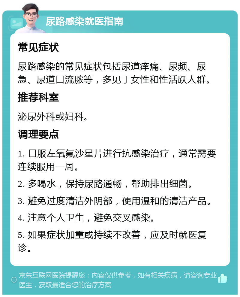 尿路感染就医指南 常见症状 尿路感染的常见症状包括尿道痒痛、尿频、尿急、尿道口流脓等，多见于女性和性活跃人群。 推荐科室 泌尿外科或妇科。 调理要点 1. 口服左氧氟沙星片进行抗感染治疗，通常需要连续服用一周。 2. 多喝水，保持尿路通畅，帮助排出细菌。 3. 避免过度清洁外阴部，使用温和的清洁产品。 4. 注意个人卫生，避免交叉感染。 5. 如果症状加重或持续不改善，应及时就医复诊。