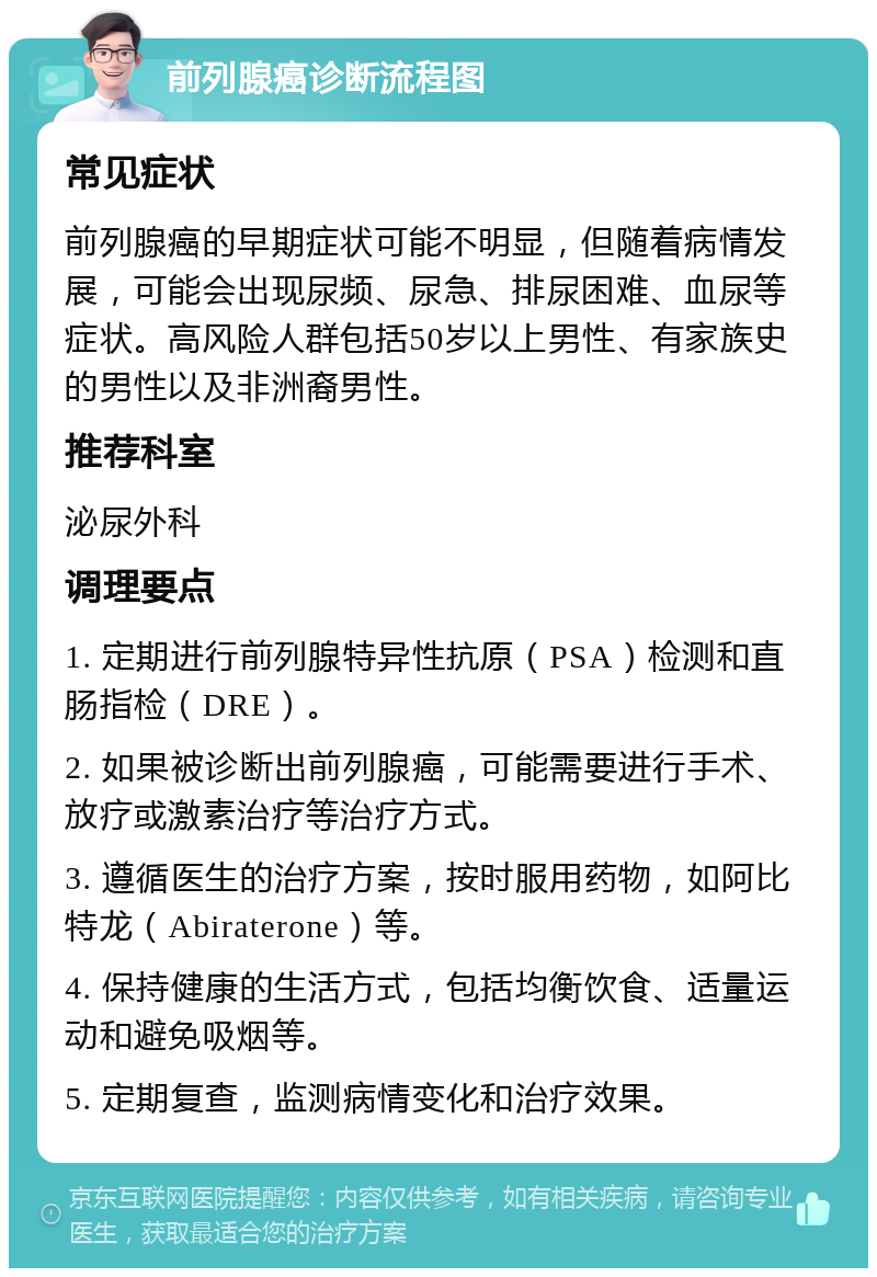 前列腺癌诊断流程图 常见症状 前列腺癌的早期症状可能不明显，但随着病情发展，可能会出现尿频、尿急、排尿困难、血尿等症状。高风险人群包括50岁以上男性、有家族史的男性以及非洲裔男性。 推荐科室 泌尿外科 调理要点 1. 定期进行前列腺特异性抗原（PSA）检测和直肠指检（DRE）。 2. 如果被诊断出前列腺癌，可能需要进行手术、放疗或激素治疗等治疗方式。 3. 遵循医生的治疗方案，按时服用药物，如阿比特龙（Abiraterone）等。 4. 保持健康的生活方式，包括均衡饮食、适量运动和避免吸烟等。 5. 定期复查，监测病情变化和治疗效果。