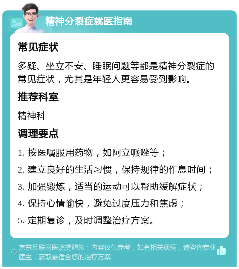 精神分裂症就医指南 常见症状 多疑、坐立不安、睡眠问题等都是精神分裂症的常见症状，尤其是年轻人更容易受到影响。 推荐科室 精神科 调理要点 1. 按医嘱服用药物，如阿立哌唑等； 2. 建立良好的生活习惯，保持规律的作息时间； 3. 加强锻炼，适当的运动可以帮助缓解症状； 4. 保持心情愉快，避免过度压力和焦虑； 5. 定期复诊，及时调整治疗方案。