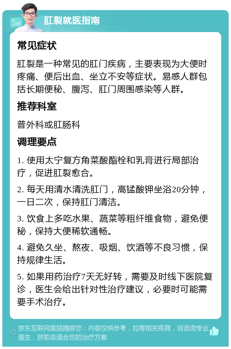 肛裂就医指南 常见症状 肛裂是一种常见的肛门疾病，主要表现为大便时疼痛、便后出血、坐立不安等症状。易感人群包括长期便秘、腹泻、肛门周围感染等人群。 推荐科室 普外科或肛肠科 调理要点 1. 使用太宁复方角菜酸酯栓和乳膏进行局部治疗，促进肛裂愈合。 2. 每天用清水清洗肛门，高锰酸钾坐浴20分钟，一日二次，保持肛门清洁。 3. 饮食上多吃水果、蔬菜等粗纤维食物，避免便秘，保持大便稀软通畅。 4. 避免久坐、熬夜、吸烟、饮酒等不良习惯，保持规律生活。 5. 如果用药治疗7天无好转，需要及时线下医院复诊，医生会给出针对性治疗建议，必要时可能需要手术治疗。