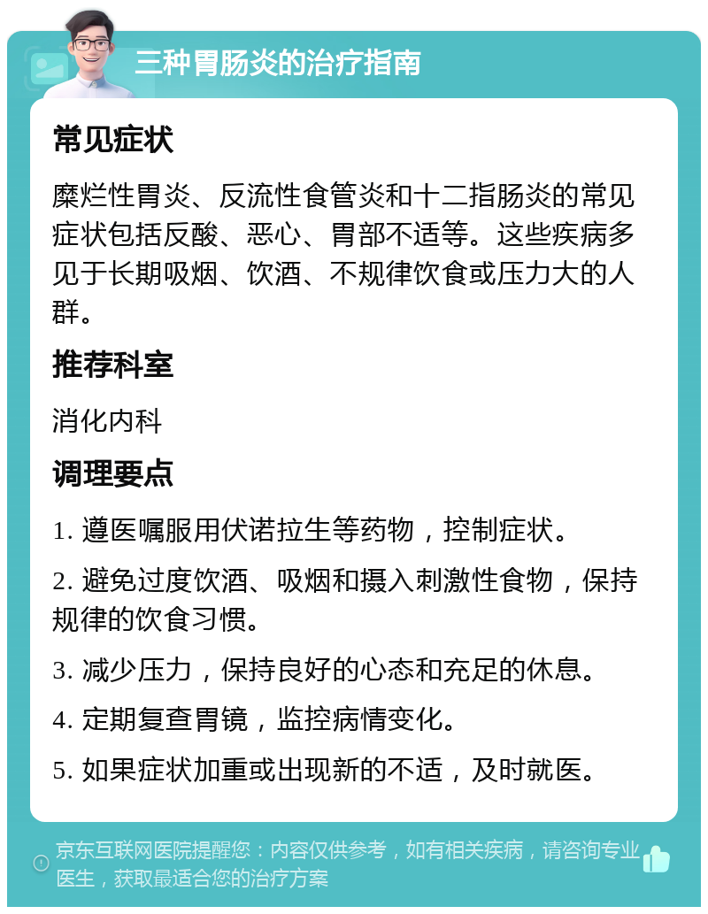 三种胃肠炎的治疗指南 常见症状 糜烂性胃炎、反流性食管炎和十二指肠炎的常见症状包括反酸、恶心、胃部不适等。这些疾病多见于长期吸烟、饮酒、不规律饮食或压力大的人群。 推荐科室 消化内科 调理要点 1. 遵医嘱服用伏诺拉生等药物，控制症状。 2. 避免过度饮酒、吸烟和摄入刺激性食物，保持规律的饮食习惯。 3. 减少压力，保持良好的心态和充足的休息。 4. 定期复查胃镜，监控病情变化。 5. 如果症状加重或出现新的不适，及时就医。