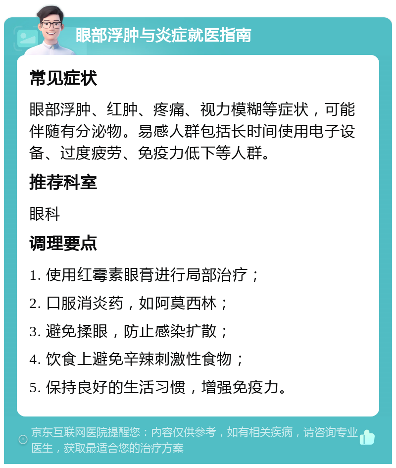 眼部浮肿与炎症就医指南 常见症状 眼部浮肿、红肿、疼痛、视力模糊等症状，可能伴随有分泌物。易感人群包括长时间使用电子设备、过度疲劳、免疫力低下等人群。 推荐科室 眼科 调理要点 1. 使用红霉素眼膏进行局部治疗； 2. 口服消炎药，如阿莫西林； 3. 避免揉眼，防止感染扩散； 4. 饮食上避免辛辣刺激性食物； 5. 保持良好的生活习惯，增强免疫力。