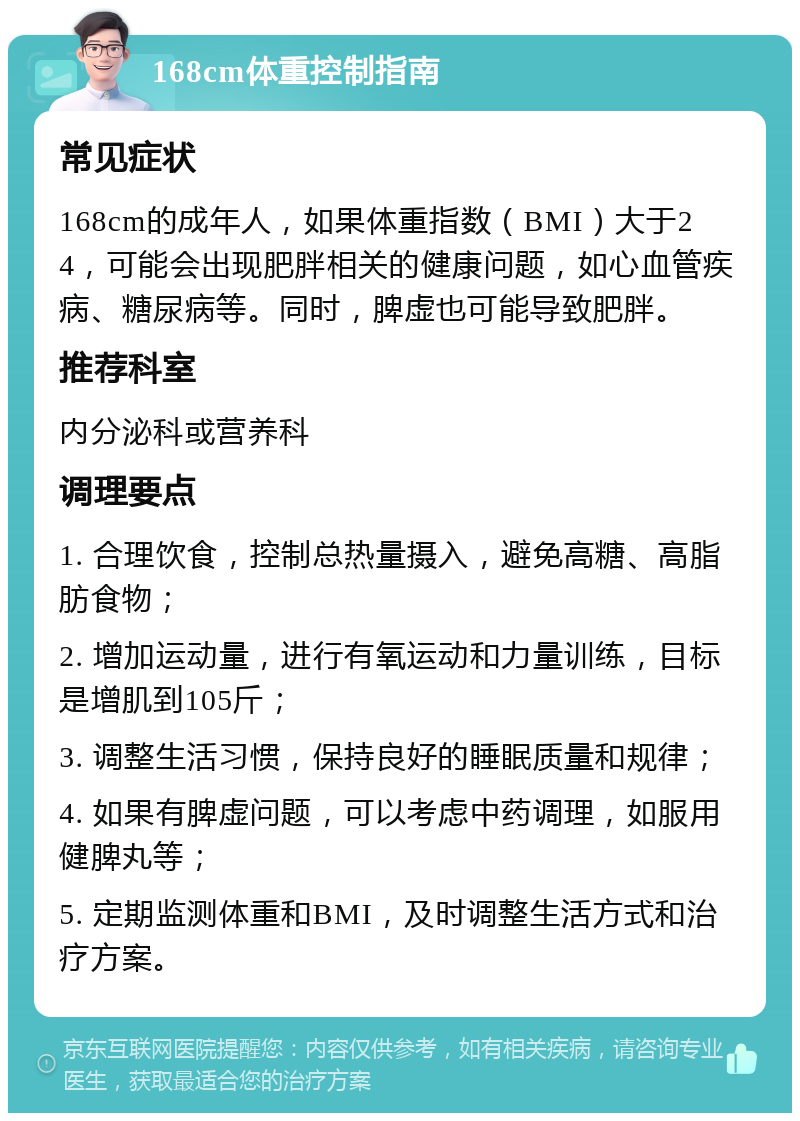 168cm体重控制指南 常见症状 168cm的成年人，如果体重指数（BMI）大于24，可能会出现肥胖相关的健康问题，如心血管疾病、糖尿病等。同时，脾虚也可能导致肥胖。 推荐科室 内分泌科或营养科 调理要点 1. 合理饮食，控制总热量摄入，避免高糖、高脂肪食物； 2. 增加运动量，进行有氧运动和力量训练，目标是增肌到105斤； 3. 调整生活习惯，保持良好的睡眠质量和规律； 4. 如果有脾虚问题，可以考虑中药调理，如服用健脾丸等； 5. 定期监测体重和BMI，及时调整生活方式和治疗方案。