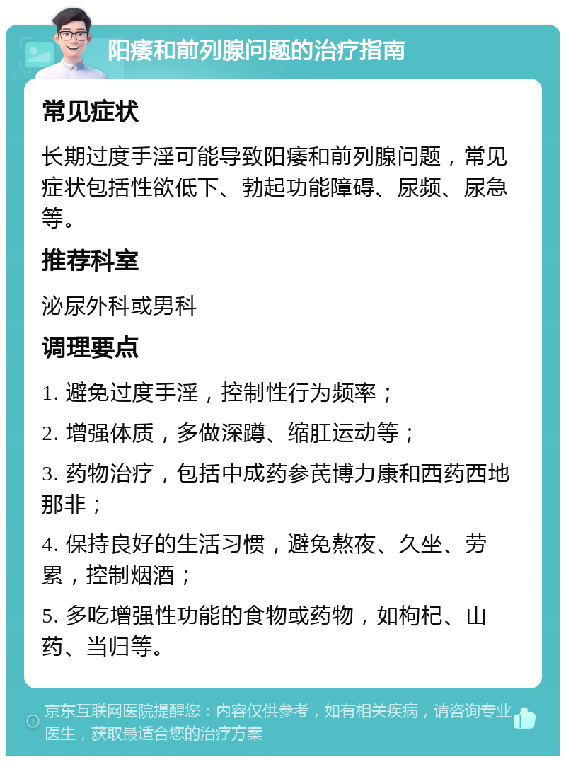 阳痿和前列腺问题的治疗指南 常见症状 长期过度手淫可能导致阳痿和前列腺问题，常见症状包括性欲低下、勃起功能障碍、尿频、尿急等。 推荐科室 泌尿外科或男科 调理要点 1. 避免过度手淫，控制性行为频率； 2. 增强体质，多做深蹲、缩肛运动等； 3. 药物治疗，包括中成药参芪博力康和西药西地那非； 4. 保持良好的生活习惯，避免熬夜、久坐、劳累，控制烟酒； 5. 多吃增强性功能的食物或药物，如枸杞、山药、当归等。