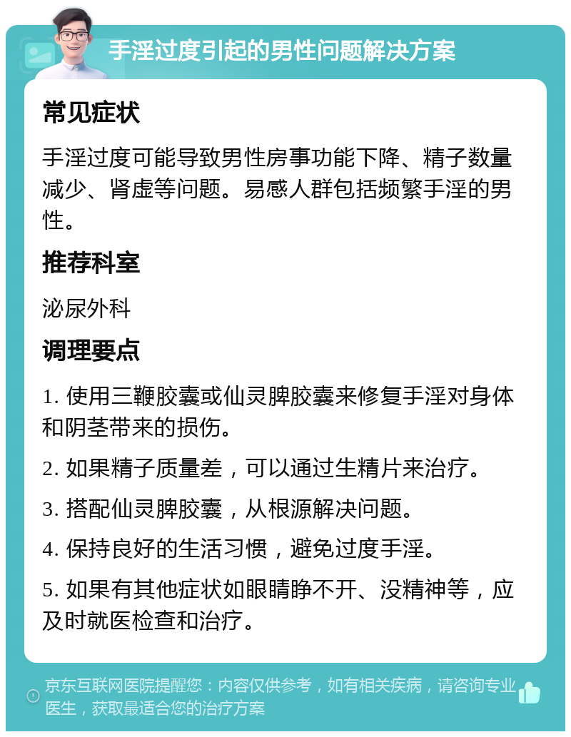 手淫过度引起的男性问题解决方案 常见症状 手淫过度可能导致男性房事功能下降、精子数量减少、肾虚等问题。易感人群包括频繁手淫的男性。 推荐科室 泌尿外科 调理要点 1. 使用三鞭胶囊或仙灵脾胶囊来修复手淫对身体和阴茎带来的损伤。 2. 如果精子质量差，可以通过生精片来治疗。 3. 搭配仙灵脾胶囊，从根源解决问题。 4. 保持良好的生活习惯，避免过度手淫。 5. 如果有其他症状如眼睛睁不开、没精神等，应及时就医检查和治疗。