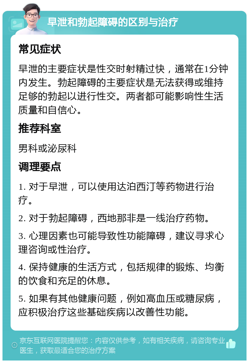 早泄和勃起障碍的区别与治疗 常见症状 早泄的主要症状是性交时射精过快，通常在1分钟内发生。勃起障碍的主要症状是无法获得或维持足够的勃起以进行性交。两者都可能影响性生活质量和自信心。 推荐科室 男科或泌尿科 调理要点 1. 对于早泄，可以使用达泊西汀等药物进行治疗。 2. 对于勃起障碍，西地那非是一线治疗药物。 3. 心理因素也可能导致性功能障碍，建议寻求心理咨询或性治疗。 4. 保持健康的生活方式，包括规律的锻炼、均衡的饮食和充足的休息。 5. 如果有其他健康问题，例如高血压或糖尿病，应积极治疗这些基础疾病以改善性功能。