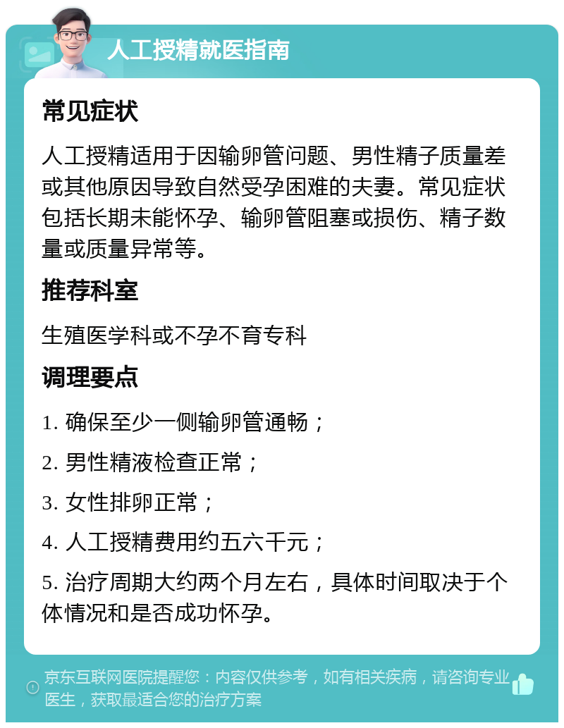 人工授精就医指南 常见症状 人工授精适用于因输卵管问题、男性精子质量差或其他原因导致自然受孕困难的夫妻。常见症状包括长期未能怀孕、输卵管阻塞或损伤、精子数量或质量异常等。 推荐科室 生殖医学科或不孕不育专科 调理要点 1. 确保至少一侧输卵管通畅； 2. 男性精液检查正常； 3. 女性排卵正常； 4. 人工授精费用约五六千元； 5. 治疗周期大约两个月左右，具体时间取决于个体情况和是否成功怀孕。