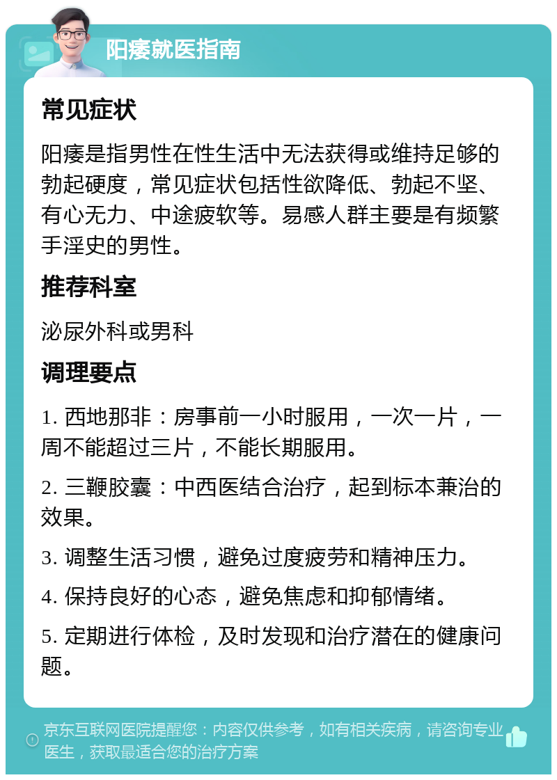 阳痿就医指南 常见症状 阳痿是指男性在性生活中无法获得或维持足够的勃起硬度，常见症状包括性欲降低、勃起不坚、有心无力、中途疲软等。易感人群主要是有频繁手淫史的男性。 推荐科室 泌尿外科或男科 调理要点 1. 西地那非：房事前一小时服用，一次一片，一周不能超过三片，不能长期服用。 2. 三鞭胶囊：中西医结合治疗，起到标本兼治的效果。 3. 调整生活习惯，避免过度疲劳和精神压力。 4. 保持良好的心态，避免焦虑和抑郁情绪。 5. 定期进行体检，及时发现和治疗潜在的健康问题。