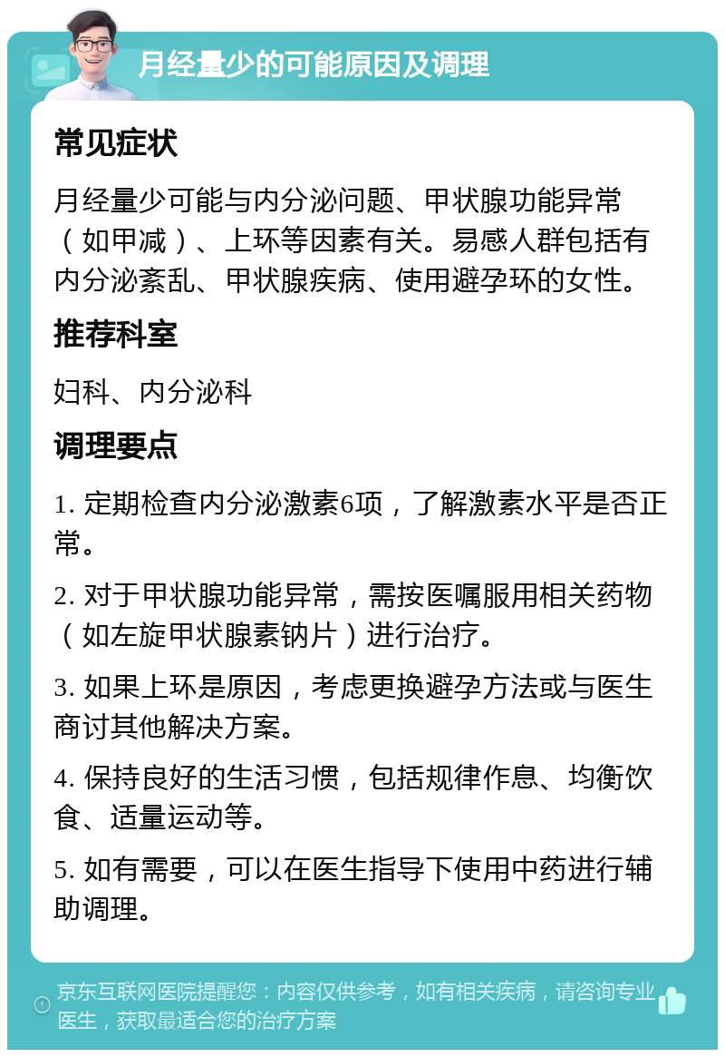 月经量少的可能原因及调理 常见症状 月经量少可能与内分泌问题、甲状腺功能异常（如甲减）、上环等因素有关。易感人群包括有内分泌紊乱、甲状腺疾病、使用避孕环的女性。 推荐科室 妇科、内分泌科 调理要点 1. 定期检查内分泌激素6项，了解激素水平是否正常。 2. 对于甲状腺功能异常，需按医嘱服用相关药物（如左旋甲状腺素钠片）进行治疗。 3. 如果上环是原因，考虑更换避孕方法或与医生商讨其他解决方案。 4. 保持良好的生活习惯，包括规律作息、均衡饮食、适量运动等。 5. 如有需要，可以在医生指导下使用中药进行辅助调理。