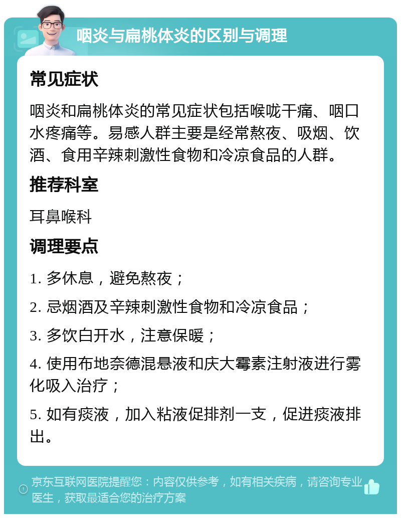 咽炎与扁桃体炎的区别与调理 常见症状 咽炎和扁桃体炎的常见症状包括喉咙干痛、咽口水疼痛等。易感人群主要是经常熬夜、吸烟、饮酒、食用辛辣刺激性食物和冷凉食品的人群。 推荐科室 耳鼻喉科 调理要点 1. 多休息，避免熬夜； 2. 忌烟酒及辛辣刺激性食物和冷凉食品； 3. 多饮白开水，注意保暖； 4. 使用布地奈德混悬液和庆大霉素注射液进行雾化吸入治疗； 5. 如有痰液，加入粘液促排剂一支，促进痰液排出。