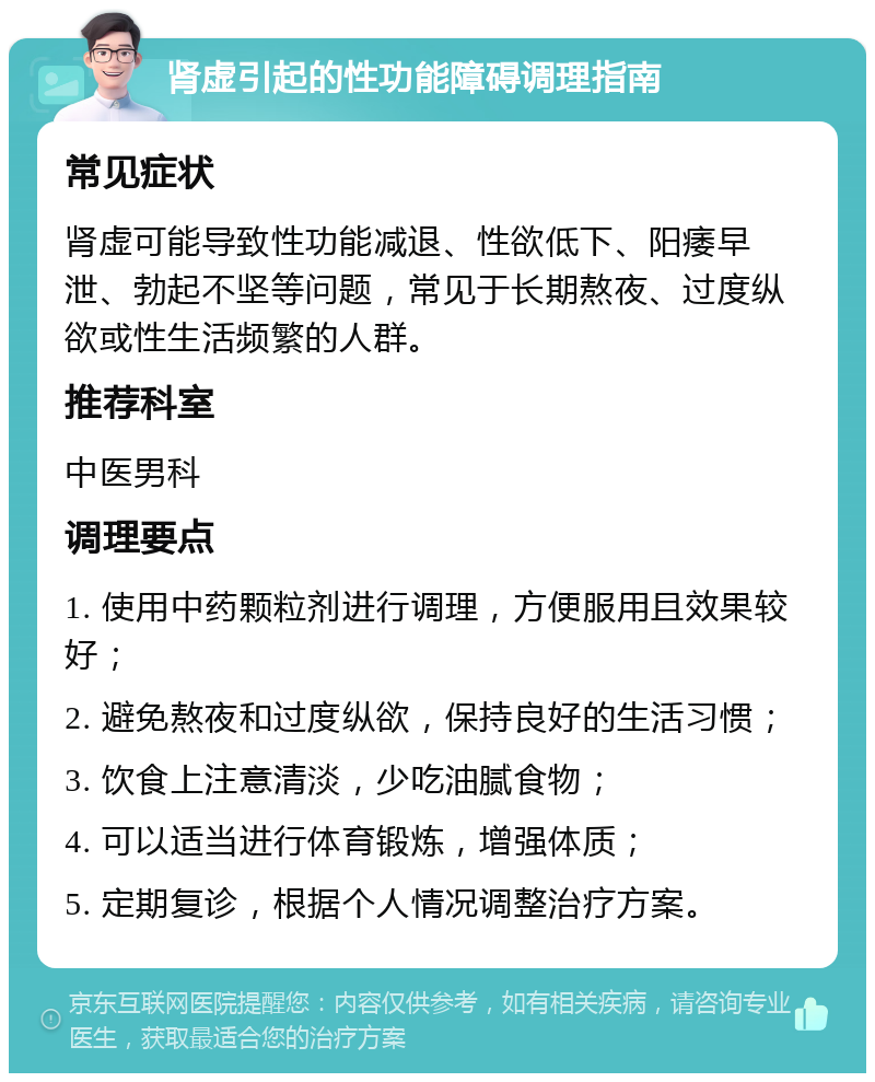 肾虚引起的性功能障碍调理指南 常见症状 肾虚可能导致性功能减退、性欲低下、阳痿早泄、勃起不坚等问题，常见于长期熬夜、过度纵欲或性生活频繁的人群。 推荐科室 中医男科 调理要点 1. 使用中药颗粒剂进行调理，方便服用且效果较好； 2. 避免熬夜和过度纵欲，保持良好的生活习惯； 3. 饮食上注意清淡，少吃油腻食物； 4. 可以适当进行体育锻炼，增强体质； 5. 定期复诊，根据个人情况调整治疗方案。