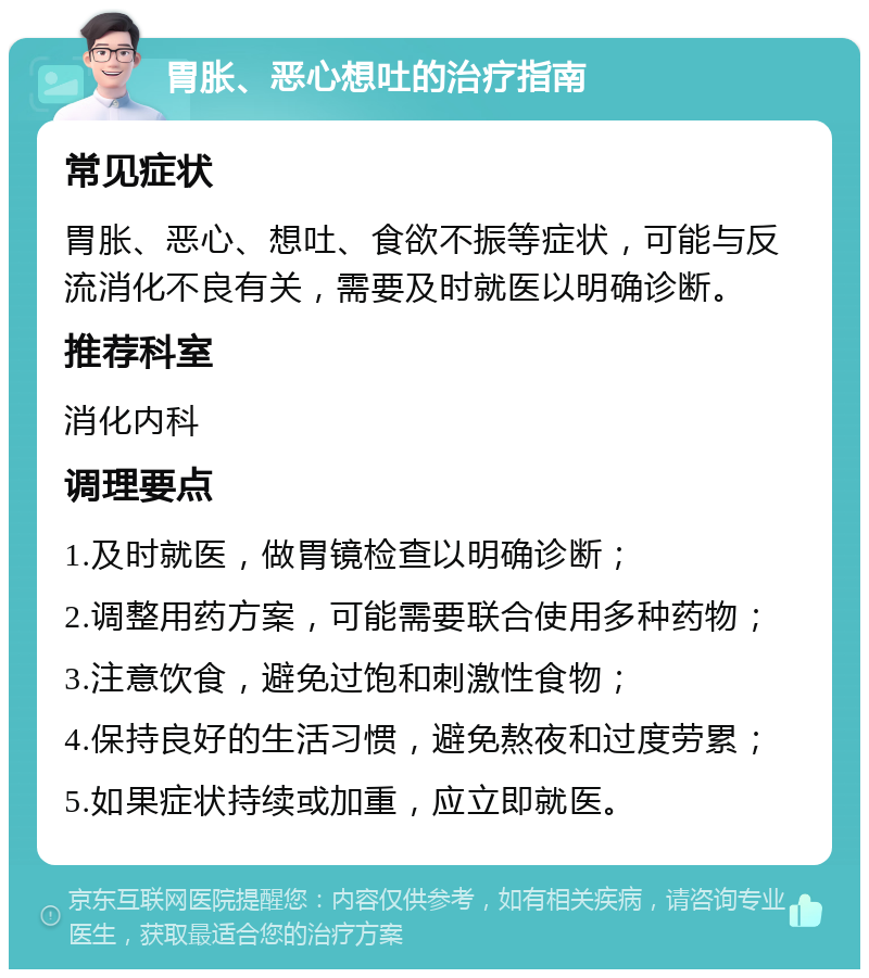 胃胀、恶心想吐的治疗指南 常见症状 胃胀、恶心、想吐、食欲不振等症状，可能与反流消化不良有关，需要及时就医以明确诊断。 推荐科室 消化内科 调理要点 1.及时就医，做胃镜检查以明确诊断； 2.调整用药方案，可能需要联合使用多种药物； 3.注意饮食，避免过饱和刺激性食物； 4.保持良好的生活习惯，避免熬夜和过度劳累； 5.如果症状持续或加重，应立即就医。