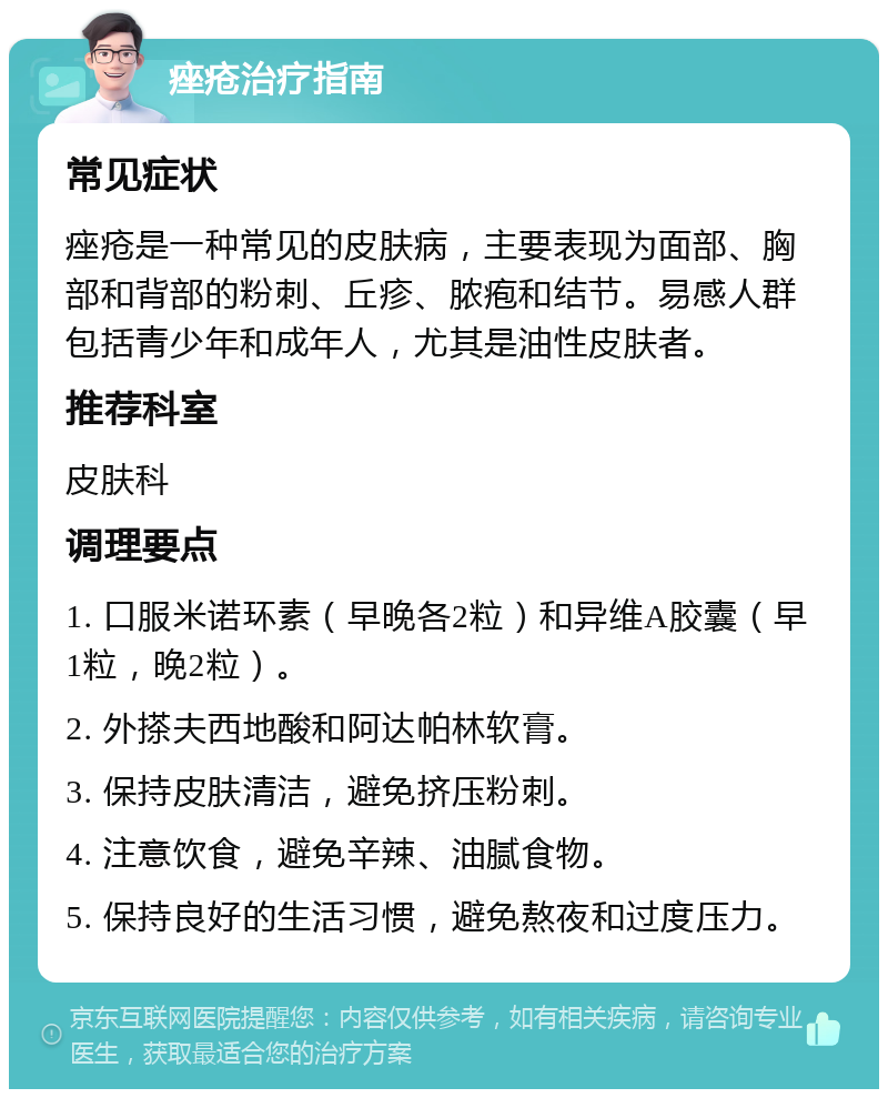 痤疮治疗指南 常见症状 痤疮是一种常见的皮肤病，主要表现为面部、胸部和背部的粉刺、丘疹、脓疱和结节。易感人群包括青少年和成年人，尤其是油性皮肤者。 推荐科室 皮肤科 调理要点 1. 口服米诺环素（早晚各2粒）和异维A胶囊（早1粒，晚2粒）。 2. 外搽夫西地酸和阿达帕林软膏。 3. 保持皮肤清洁，避免挤压粉刺。 4. 注意饮食，避免辛辣、油腻食物。 5. 保持良好的生活习惯，避免熬夜和过度压力。