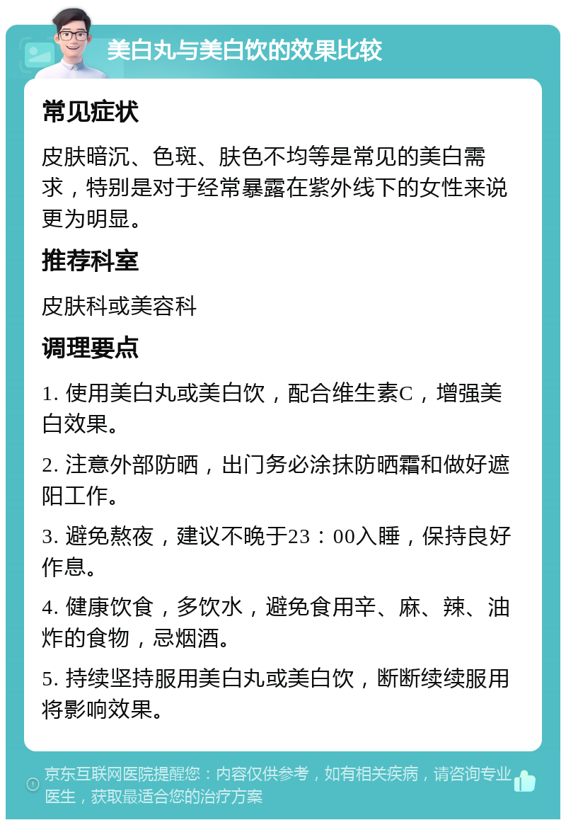 美白丸与美白饮的效果比较 常见症状 皮肤暗沉、色斑、肤色不均等是常见的美白需求，特别是对于经常暴露在紫外线下的女性来说更为明显。 推荐科室 皮肤科或美容科 调理要点 1. 使用美白丸或美白饮，配合维生素C，增强美白效果。 2. 注意外部防晒，出门务必涂抹防晒霜和做好遮阳工作。 3. 避免熬夜，建议不晚于23：00入睡，保持良好作息。 4. 健康饮食，多饮水，避免食用辛、麻、辣、油炸的食物，忌烟酒。 5. 持续坚持服用美白丸或美白饮，断断续续服用将影响效果。