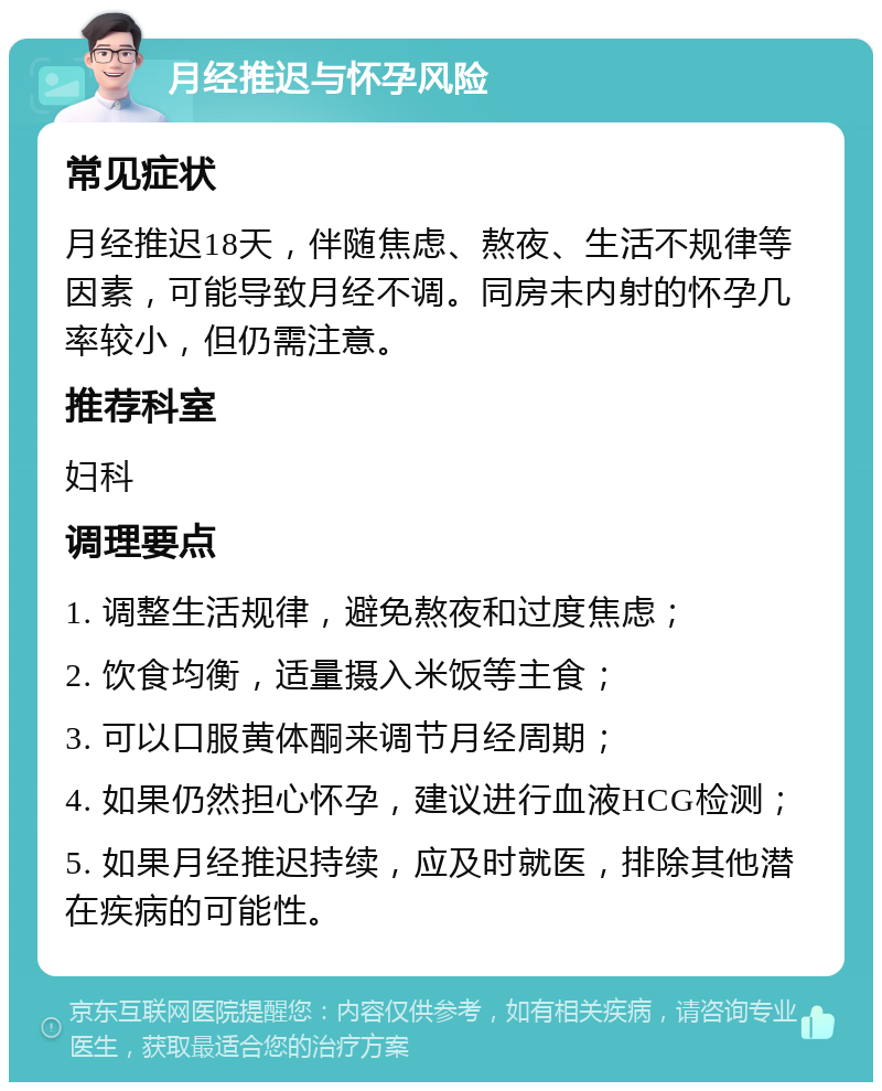 月经推迟与怀孕风险 常见症状 月经推迟18天，伴随焦虑、熬夜、生活不规律等因素，可能导致月经不调。同房未内射的怀孕几率较小，但仍需注意。 推荐科室 妇科 调理要点 1. 调整生活规律，避免熬夜和过度焦虑； 2. 饮食均衡，适量摄入米饭等主食； 3. 可以口服黄体酮来调节月经周期； 4. 如果仍然担心怀孕，建议进行血液HCG检测； 5. 如果月经推迟持续，应及时就医，排除其他潜在疾病的可能性。