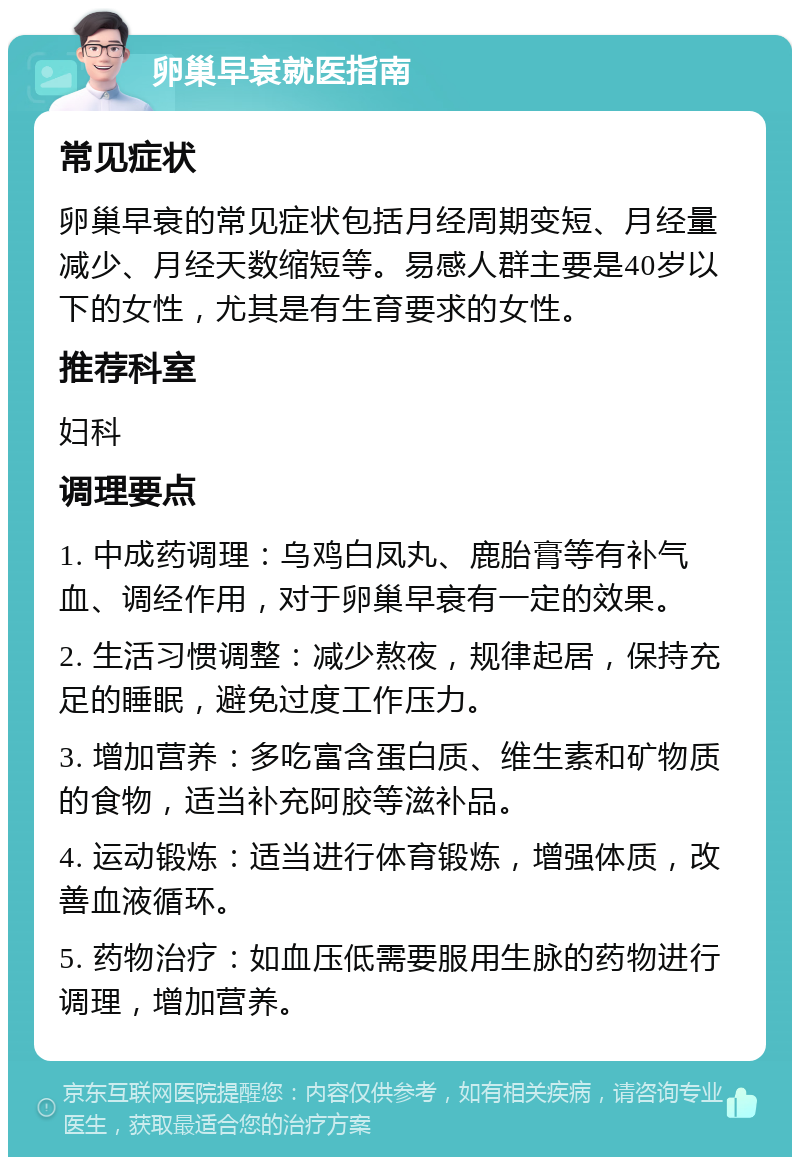 卵巢早衰就医指南 常见症状 卵巢早衰的常见症状包括月经周期变短、月经量减少、月经天数缩短等。易感人群主要是40岁以下的女性，尤其是有生育要求的女性。 推荐科室 妇科 调理要点 1. 中成药调理：乌鸡白凤丸、鹿胎膏等有补气血、调经作用，对于卵巢早衰有一定的效果。 2. 生活习惯调整：减少熬夜，规律起居，保持充足的睡眠，避免过度工作压力。 3. 增加营养：多吃富含蛋白质、维生素和矿物质的食物，适当补充阿胶等滋补品。 4. 运动锻炼：适当进行体育锻炼，增强体质，改善血液循环。 5. 药物治疗：如血压低需要服用生脉的药物进行调理，增加营养。