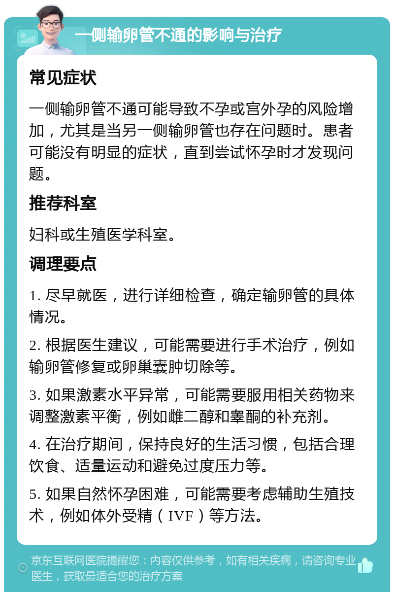 一侧输卵管不通的影响与治疗 常见症状 一侧输卵管不通可能导致不孕或宫外孕的风险增加，尤其是当另一侧输卵管也存在问题时。患者可能没有明显的症状，直到尝试怀孕时才发现问题。 推荐科室 妇科或生殖医学科室。 调理要点 1. 尽早就医，进行详细检查，确定输卵管的具体情况。 2. 根据医生建议，可能需要进行手术治疗，例如输卵管修复或卵巢囊肿切除等。 3. 如果激素水平异常，可能需要服用相关药物来调整激素平衡，例如雌二醇和睾酮的补充剂。 4. 在治疗期间，保持良好的生活习惯，包括合理饮食、适量运动和避免过度压力等。 5. 如果自然怀孕困难，可能需要考虑辅助生殖技术，例如体外受精（IVF）等方法。