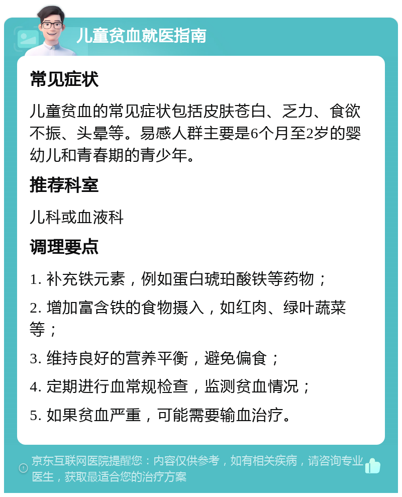 儿童贫血就医指南 常见症状 儿童贫血的常见症状包括皮肤苍白、乏力、食欲不振、头晕等。易感人群主要是6个月至2岁的婴幼儿和青春期的青少年。 推荐科室 儿科或血液科 调理要点 1. 补充铁元素，例如蛋白琥珀酸铁等药物； 2. 增加富含铁的食物摄入，如红肉、绿叶蔬菜等； 3. 维持良好的营养平衡，避免偏食； 4. 定期进行血常规检查，监测贫血情况； 5. 如果贫血严重，可能需要输血治疗。