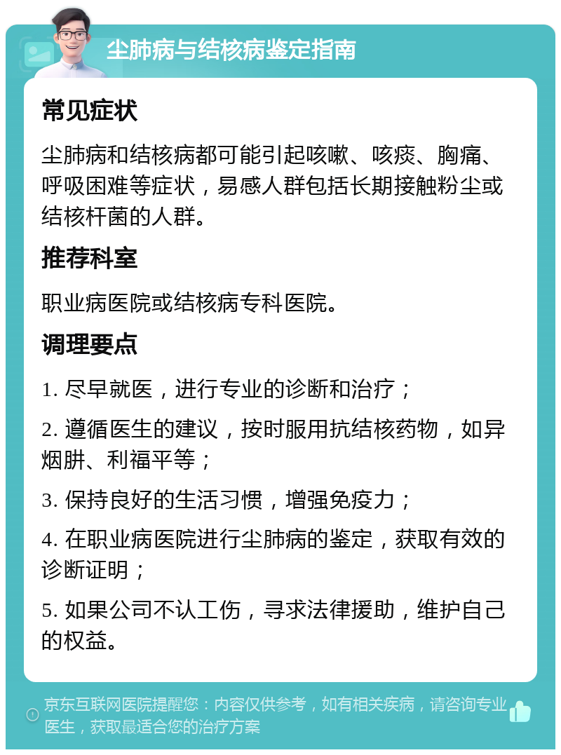 尘肺病与结核病鉴定指南 常见症状 尘肺病和结核病都可能引起咳嗽、咳痰、胸痛、呼吸困难等症状，易感人群包括长期接触粉尘或结核杆菌的人群。 推荐科室 职业病医院或结核病专科医院。 调理要点 1. 尽早就医，进行专业的诊断和治疗； 2. 遵循医生的建议，按时服用抗结核药物，如异烟肼、利福平等； 3. 保持良好的生活习惯，增强免疫力； 4. 在职业病医院进行尘肺病的鉴定，获取有效的诊断证明； 5. 如果公司不认工伤，寻求法律援助，维护自己的权益。