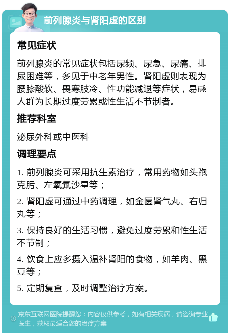 前列腺炎与肾阳虚的区别 常见症状 前列腺炎的常见症状包括尿频、尿急、尿痛、排尿困难等，多见于中老年男性。肾阳虚则表现为腰膝酸软、畏寒肢冷、性功能减退等症状，易感人群为长期过度劳累或性生活不节制者。 推荐科室 泌尿外科或中医科 调理要点 1. 前列腺炎可采用抗生素治疗，常用药物如头孢克肟、左氧氟沙星等； 2. 肾阳虚可通过中药调理，如金匮肾气丸、右归丸等； 3. 保持良好的生活习惯，避免过度劳累和性生活不节制； 4. 饮食上应多摄入温补肾阳的食物，如羊肉、黑豆等； 5. 定期复查，及时调整治疗方案。