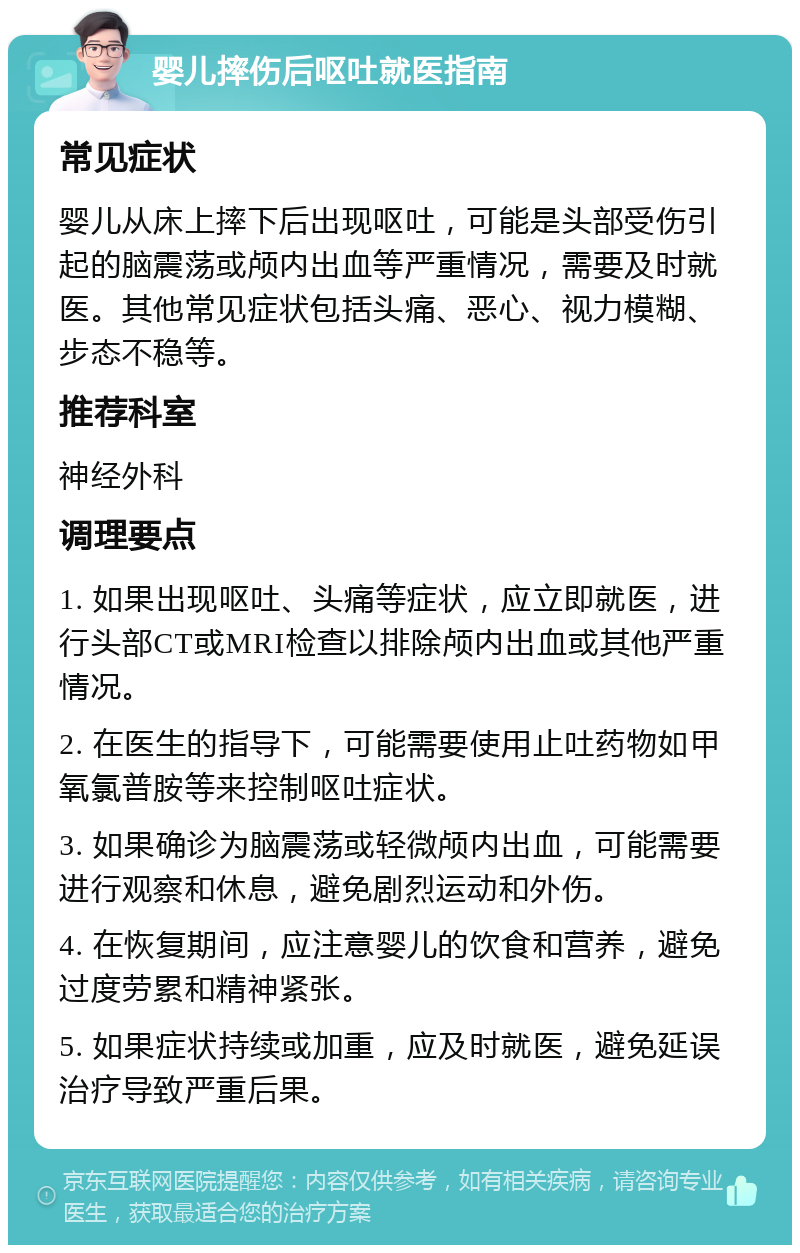 婴儿摔伤后呕吐就医指南 常见症状 婴儿从床上摔下后出现呕吐，可能是头部受伤引起的脑震荡或颅内出血等严重情况，需要及时就医。其他常见症状包括头痛、恶心、视力模糊、步态不稳等。 推荐科室 神经外科 调理要点 1. 如果出现呕吐、头痛等症状，应立即就医，进行头部CT或MRI检查以排除颅内出血或其他严重情况。 2. 在医生的指导下，可能需要使用止吐药物如甲氧氯普胺等来控制呕吐症状。 3. 如果确诊为脑震荡或轻微颅内出血，可能需要进行观察和休息，避免剧烈运动和外伤。 4. 在恢复期间，应注意婴儿的饮食和营养，避免过度劳累和精神紧张。 5. 如果症状持续或加重，应及时就医，避免延误治疗导致严重后果。