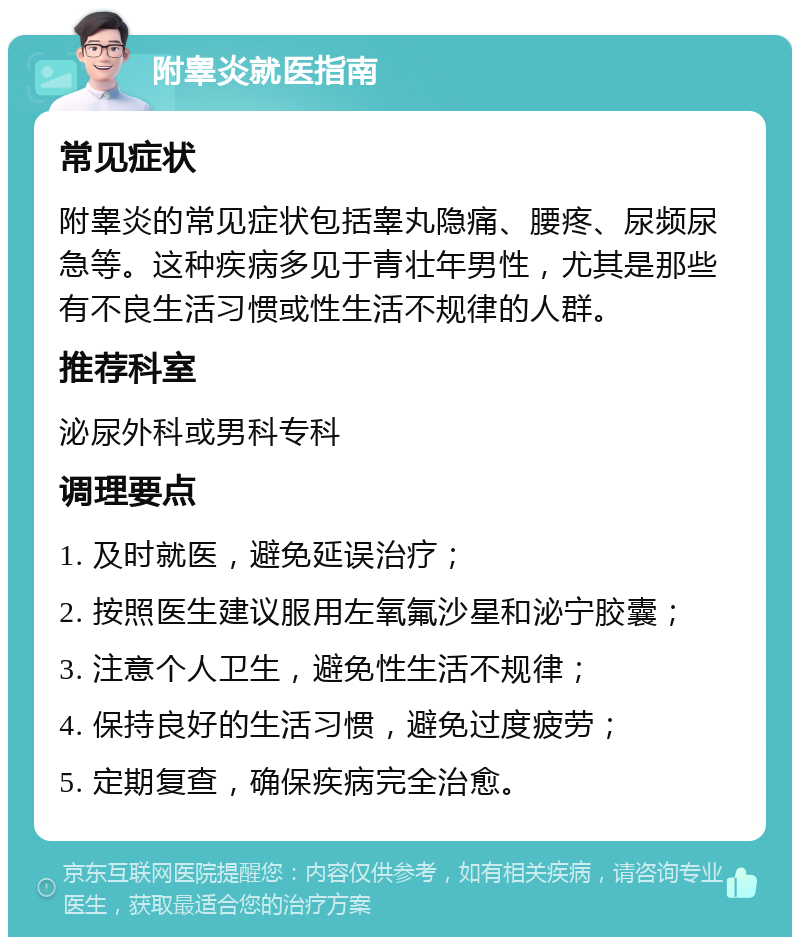 附睾炎就医指南 常见症状 附睾炎的常见症状包括睾丸隐痛、腰疼、尿频尿急等。这种疾病多见于青壮年男性，尤其是那些有不良生活习惯或性生活不规律的人群。 推荐科室 泌尿外科或男科专科 调理要点 1. 及时就医，避免延误治疗； 2. 按照医生建议服用左氧氟沙星和泌宁胶囊； 3. 注意个人卫生，避免性生活不规律； 4. 保持良好的生活习惯，避免过度疲劳； 5. 定期复查，确保疾病完全治愈。