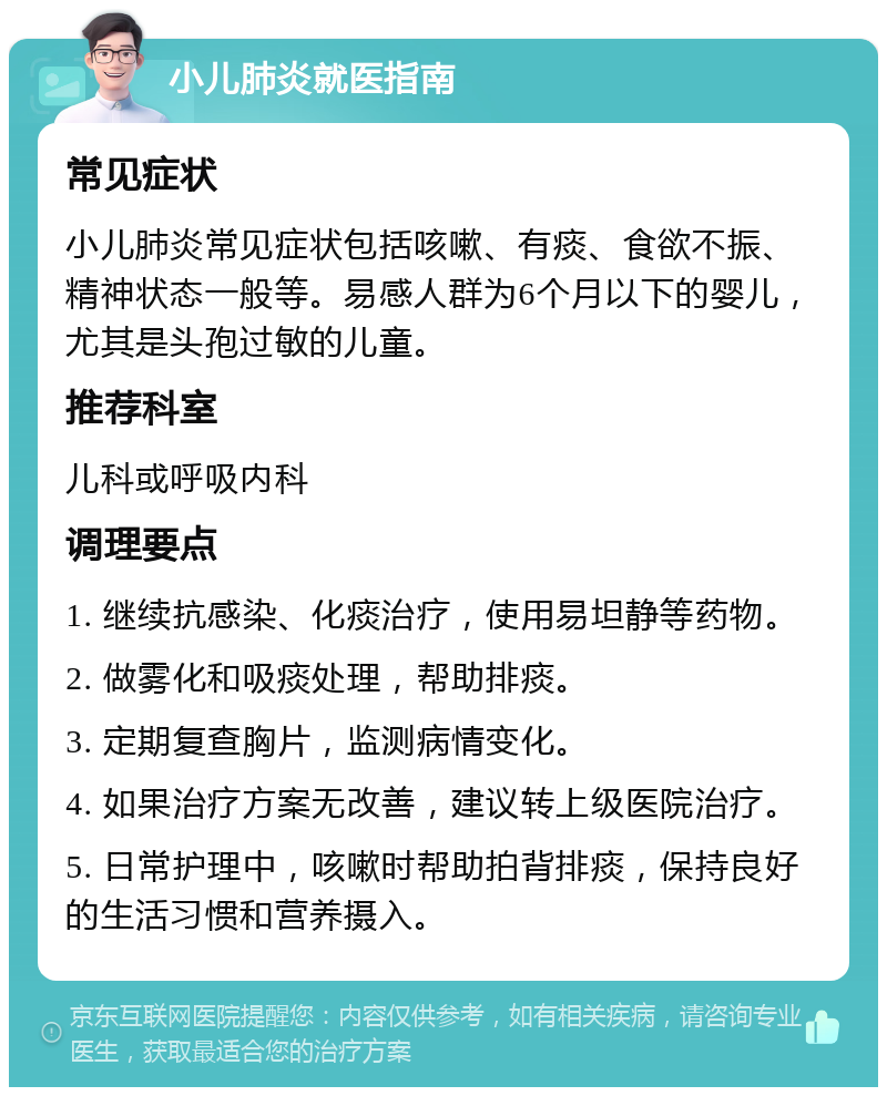 小儿肺炎就医指南 常见症状 小儿肺炎常见症状包括咳嗽、有痰、食欲不振、精神状态一般等。易感人群为6个月以下的婴儿，尤其是头孢过敏的儿童。 推荐科室 儿科或呼吸内科 调理要点 1. 继续抗感染、化痰治疗，使用易坦静等药物。 2. 做雾化和吸痰处理，帮助排痰。 3. 定期复查胸片，监测病情变化。 4. 如果治疗方案无改善，建议转上级医院治疗。 5. 日常护理中，咳嗽时帮助拍背排痰，保持良好的生活习惯和营养摄入。