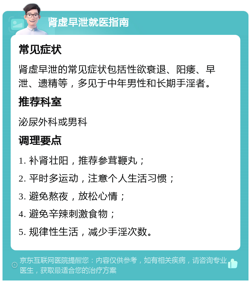 肾虚早泄就医指南 常见症状 肾虚早泄的常见症状包括性欲衰退、阳痿、早泄、遗精等，多见于中年男性和长期手淫者。 推荐科室 泌尿外科或男科 调理要点 1. 补肾壮阳，推荐参茸鞭丸； 2. 平时多运动，注意个人生活习惯； 3. 避免熬夜，放松心情； 4. 避免辛辣刺激食物； 5. 规律性生活，减少手淫次数。