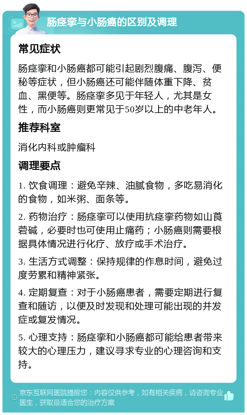 肠痉挛与小肠癌的区别及调理 常见症状 肠痉挛和小肠癌都可能引起剧烈腹痛、腹泻、便秘等症状，但小肠癌还可能伴随体重下降、贫血、黑便等。肠痉挛多见于年轻人，尤其是女性，而小肠癌则更常见于50岁以上的中老年人。 推荐科室 消化内科或肿瘤科 调理要点 1. 饮食调理：避免辛辣、油腻食物，多吃易消化的食物，如米粥、面条等。 2. 药物治疗：肠痉挛可以使用抗痉挛药物如山莨菪碱，必要时也可使用止痛药；小肠癌则需要根据具体情况进行化疗、放疗或手术治疗。 3. 生活方式调整：保持规律的作息时间，避免过度劳累和精神紧张。 4. 定期复查：对于小肠癌患者，需要定期进行复查和随访，以便及时发现和处理可能出现的并发症或复发情况。 5. 心理支持：肠痉挛和小肠癌都可能给患者带来较大的心理压力，建议寻求专业的心理咨询和支持。