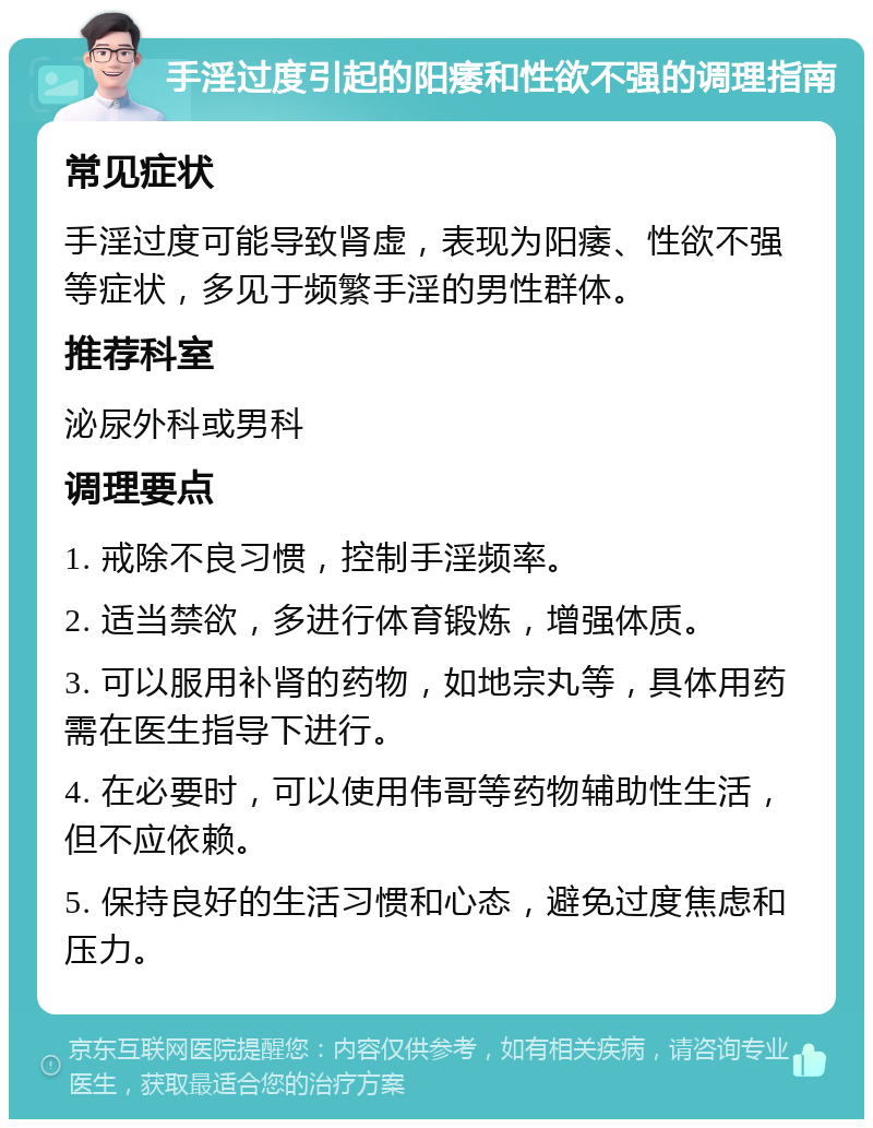 手淫过度引起的阳痿和性欲不强的调理指南 常见症状 手淫过度可能导致肾虚，表现为阳痿、性欲不强等症状，多见于频繁手淫的男性群体。 推荐科室 泌尿外科或男科 调理要点 1. 戒除不良习惯，控制手淫频率。 2. 适当禁欲，多进行体育锻炼，增强体质。 3. 可以服用补肾的药物，如地宗丸等，具体用药需在医生指导下进行。 4. 在必要时，可以使用伟哥等药物辅助性生活，但不应依赖。 5. 保持良好的生活习惯和心态，避免过度焦虑和压力。