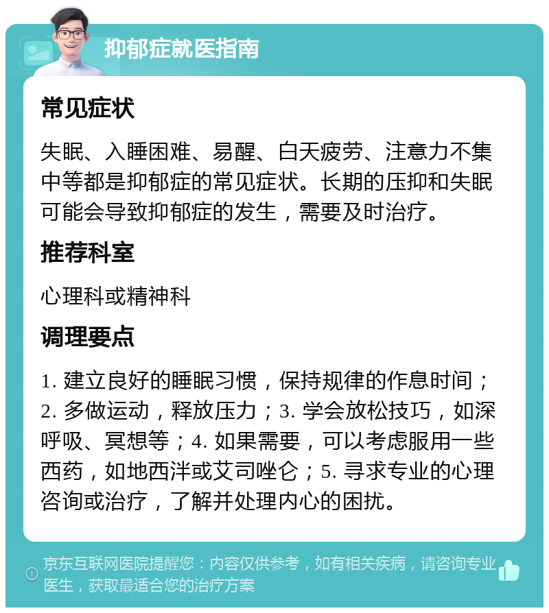 抑郁症就医指南 常见症状 失眠、入睡困难、易醒、白天疲劳、注意力不集中等都是抑郁症的常见症状。长期的压抑和失眠可能会导致抑郁症的发生，需要及时治疗。 推荐科室 心理科或精神科 调理要点 1. 建立良好的睡眠习惯，保持规律的作息时间；2. 多做运动，释放压力；3. 学会放松技巧，如深呼吸、冥想等；4. 如果需要，可以考虑服用一些西药，如地西泮或艾司唑仑；5. 寻求专业的心理咨询或治疗，了解并处理内心的困扰。