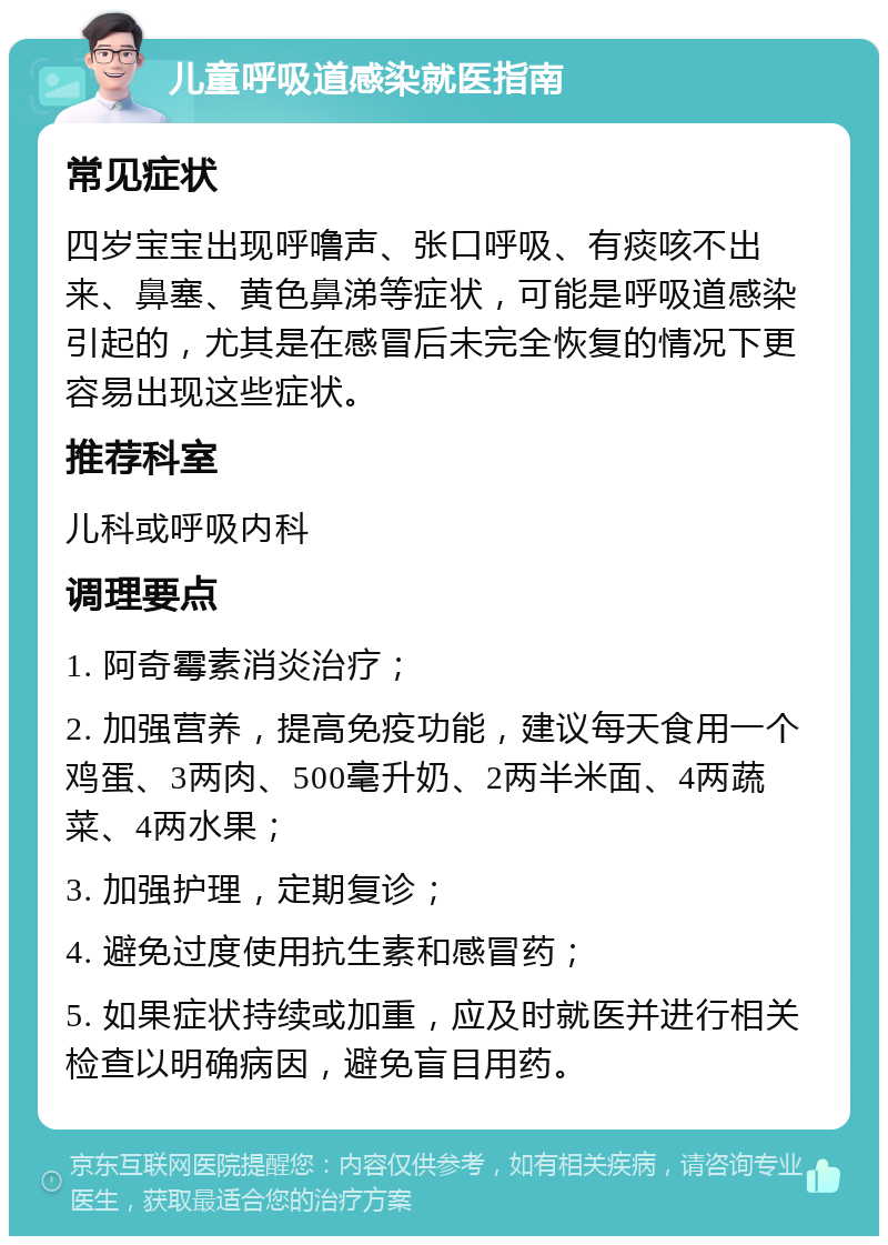 儿童呼吸道感染就医指南 常见症状 四岁宝宝出现呼噜声、张口呼吸、有痰咳不出来、鼻塞、黄色鼻涕等症状，可能是呼吸道感染引起的，尤其是在感冒后未完全恢复的情况下更容易出现这些症状。 推荐科室 儿科或呼吸内科 调理要点 1. 阿奇霉素消炎治疗； 2. 加强营养，提高免疫功能，建议每天食用一个鸡蛋、3两肉、500毫升奶、2两半米面、4两蔬菜、4两水果； 3. 加强护理，定期复诊； 4. 避免过度使用抗生素和感冒药； 5. 如果症状持续或加重，应及时就医并进行相关检查以明确病因，避免盲目用药。