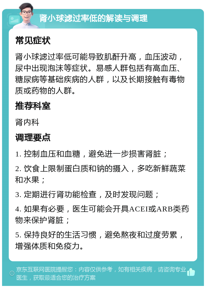 肾小球滤过率低的解读与调理 常见症状 肾小球滤过率低可能导致肌酐升高，血压波动，尿中出现泡沫等症状。易感人群包括有高血压、糖尿病等基础疾病的人群，以及长期接触有毒物质或药物的人群。 推荐科室 肾内科 调理要点 1. 控制血压和血糖，避免进一步损害肾脏； 2. 饮食上限制蛋白质和钠的摄入，多吃新鲜蔬菜和水果； 3. 定期进行肾功能检查，及时发现问题； 4. 如果有必要，医生可能会开具ACEI或ARB类药物来保护肾脏； 5. 保持良好的生活习惯，避免熬夜和过度劳累，增强体质和免疫力。