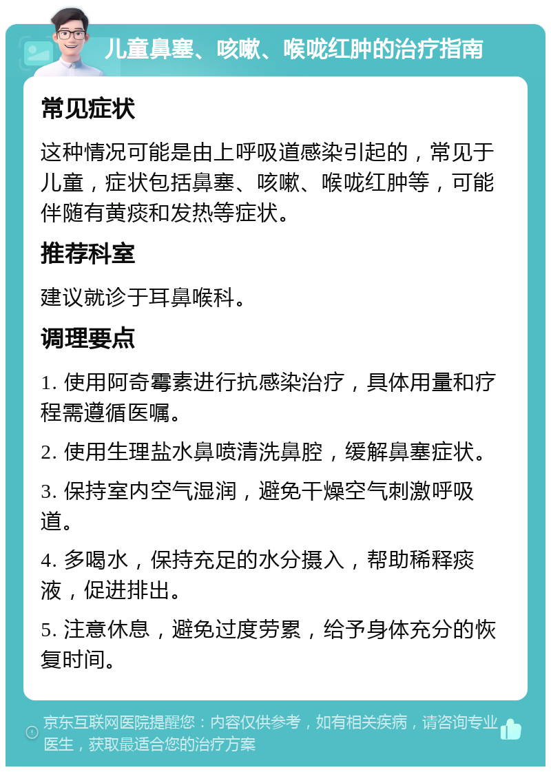 儿童鼻塞、咳嗽、喉咙红肿的治疗指南 常见症状 这种情况可能是由上呼吸道感染引起的，常见于儿童，症状包括鼻塞、咳嗽、喉咙红肿等，可能伴随有黄痰和发热等症状。 推荐科室 建议就诊于耳鼻喉科。 调理要点 1. 使用阿奇霉素进行抗感染治疗，具体用量和疗程需遵循医嘱。 2. 使用生理盐水鼻喷清洗鼻腔，缓解鼻塞症状。 3. 保持室内空气湿润，避免干燥空气刺激呼吸道。 4. 多喝水，保持充足的水分摄入，帮助稀释痰液，促进排出。 5. 注意休息，避免过度劳累，给予身体充分的恢复时间。