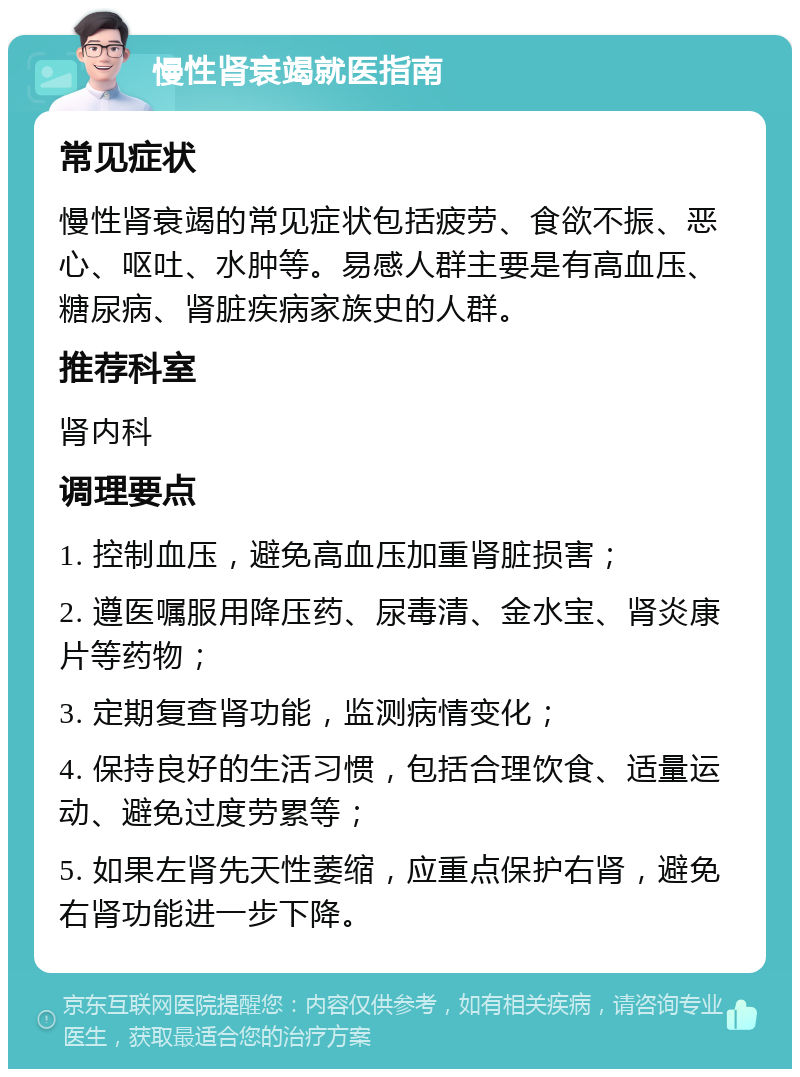 慢性肾衰竭就医指南 常见症状 慢性肾衰竭的常见症状包括疲劳、食欲不振、恶心、呕吐、水肿等。易感人群主要是有高血压、糖尿病、肾脏疾病家族史的人群。 推荐科室 肾内科 调理要点 1. 控制血压，避免高血压加重肾脏损害； 2. 遵医嘱服用降压药、尿毒清、金水宝、肾炎康片等药物； 3. 定期复查肾功能，监测病情变化； 4. 保持良好的生活习惯，包括合理饮食、适量运动、避免过度劳累等； 5. 如果左肾先天性萎缩，应重点保护右肾，避免右肾功能进一步下降。